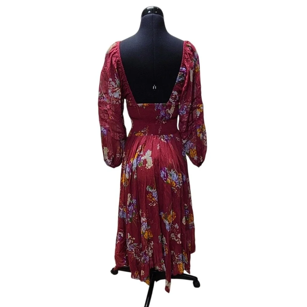 Free People Boho Floral Smocked Midi Dress Burgundy Red Size XS